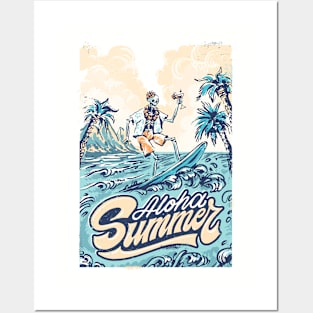 Aloha Summer Skeleton Surfer Posters and Art